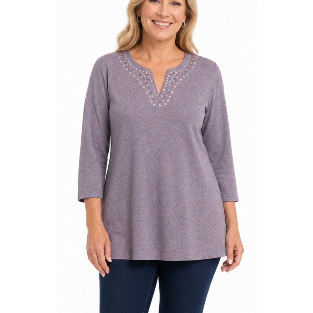 Silverwear Gray Tunic Top L Rhinestone Notch V Neck 3/4 Sleeve Cotton Linen